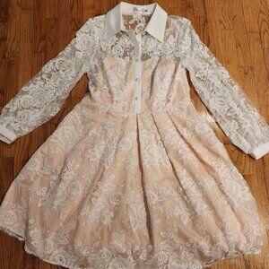 Eliza J Size 12 Bridal/Formal Dress - Long Sleeves, White Lace Over Peach